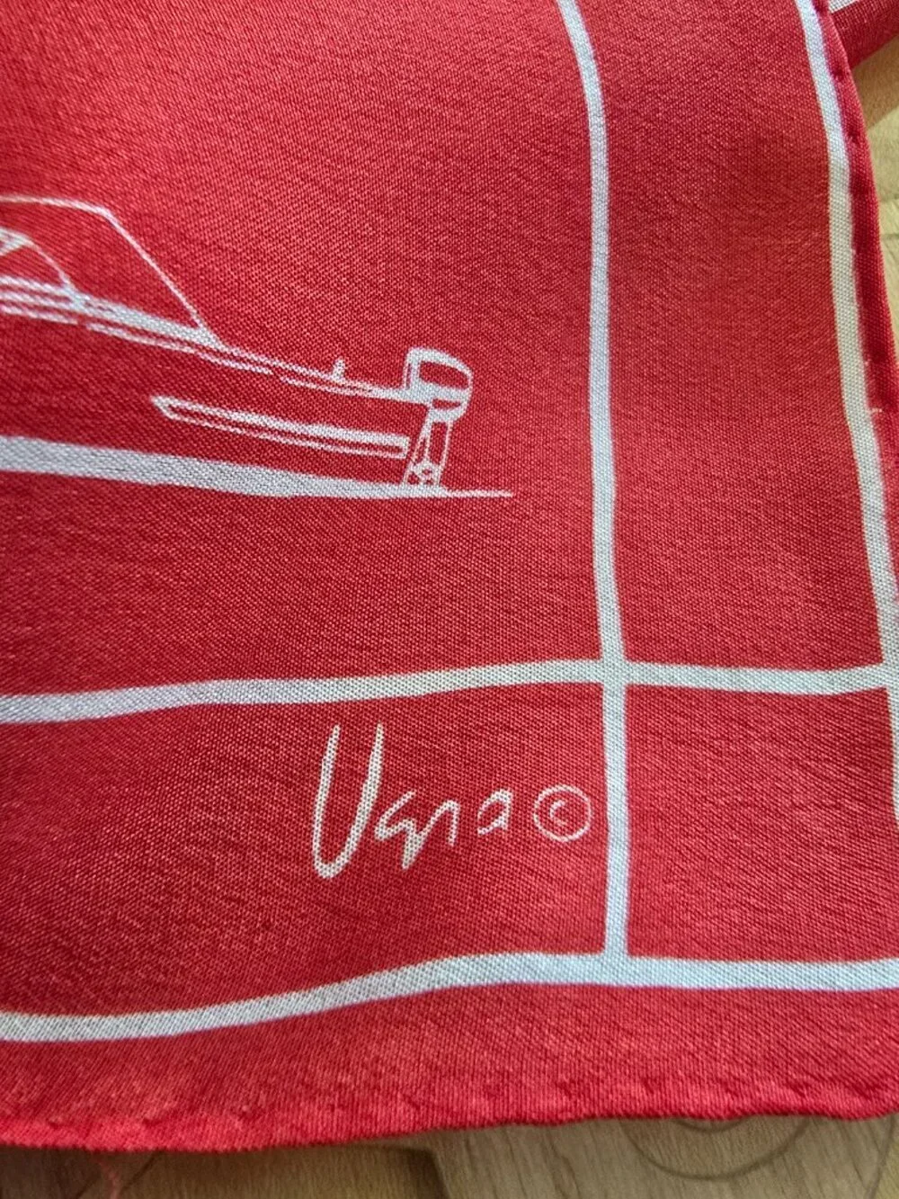 Vera Neumann - Vintage Silk Scarf w/ Traditional Wooden Motorboats, Red & White​ - Picture 2 of 9